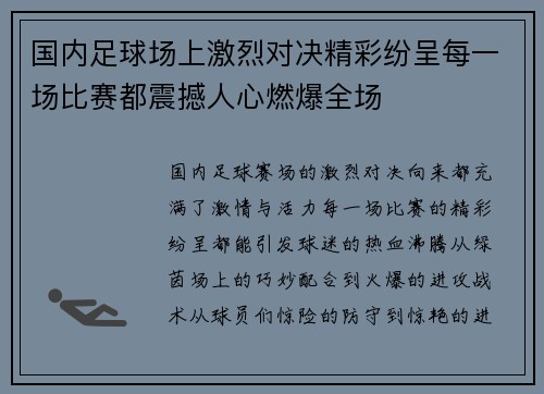 国内足球场上激烈对决精彩纷呈每一场比赛都震撼人心燃爆全场